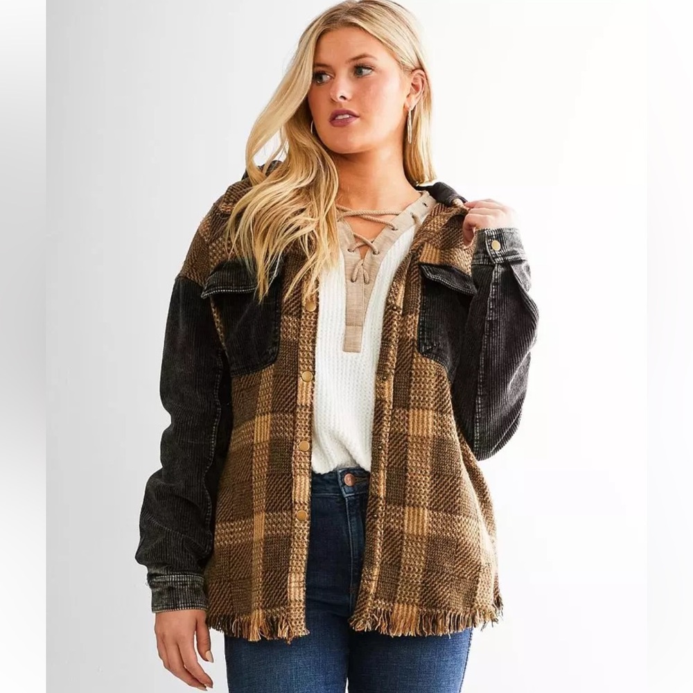 NWT Gilded Intent Pieced Plaid & Corduroy Jacket Distressed Shacket Small